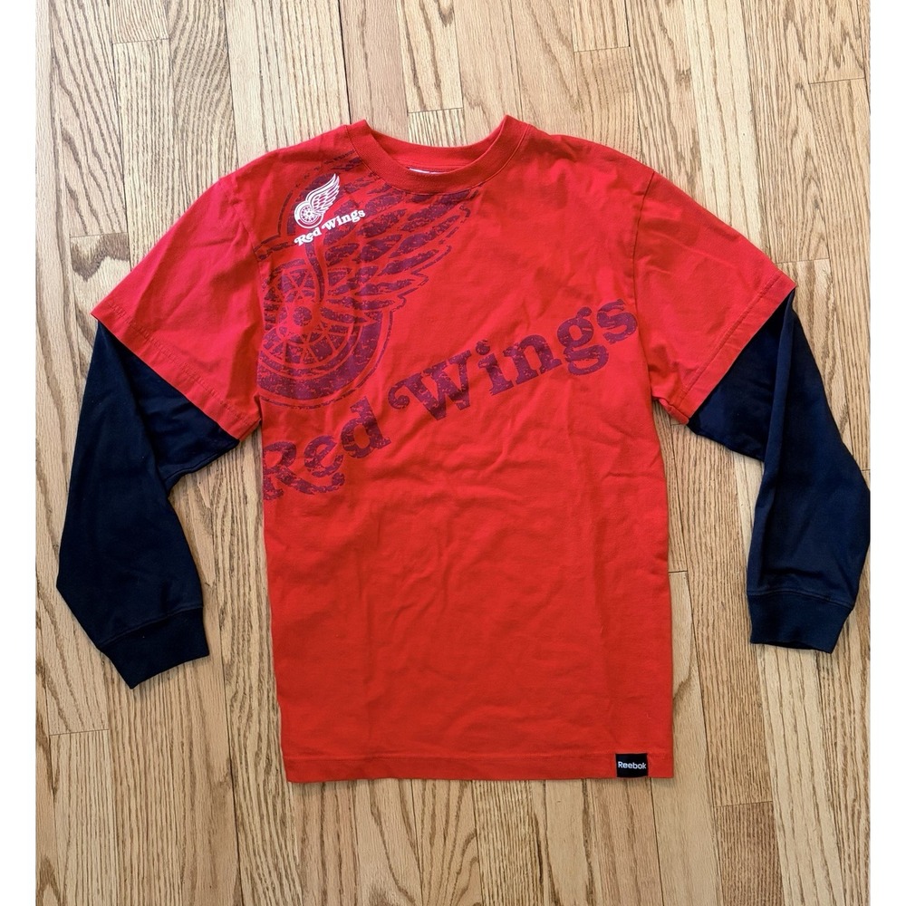 Reebok Detroit Red Wings Long Sleeve Layered T Shirt Red NHL Hockey Kids L 14/16